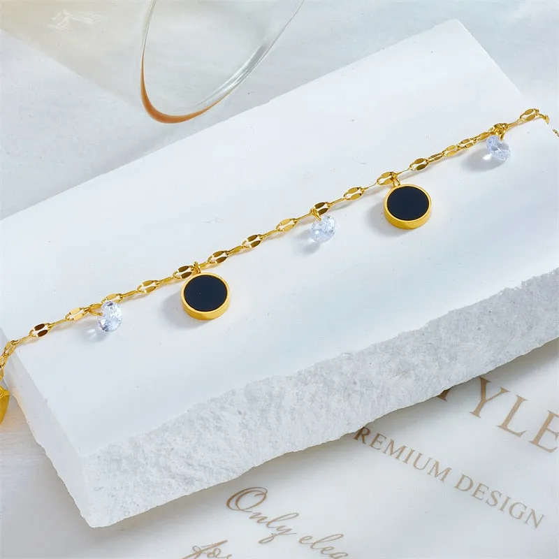 316L Stainless Steel Black Round Charm Anklets For Women
