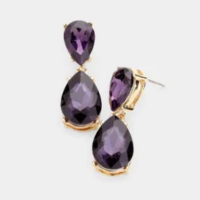 Purple Crystal Double Teardrop Gold Earrings